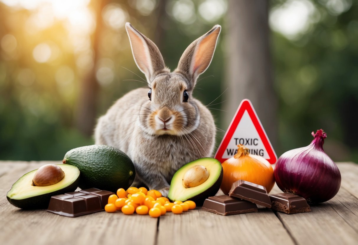 A rabbit surrounded by a variety of toxic foods such as chocolate, avocado, and onions, with a clear warning sign nearby