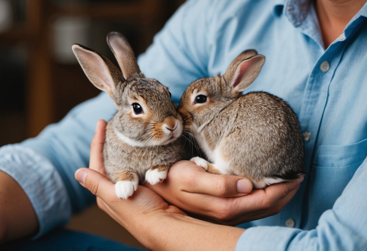 A rabbit snuggles close to a person, nuzzling their hand as they bond together