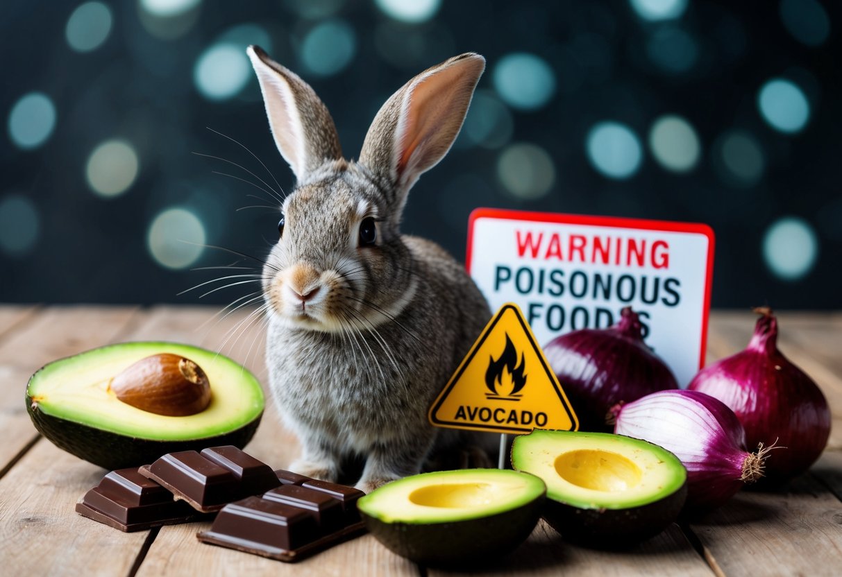 A rabbit surrounded by poisonous foods like avocado, chocolate, and onions, with a warning sign nearby