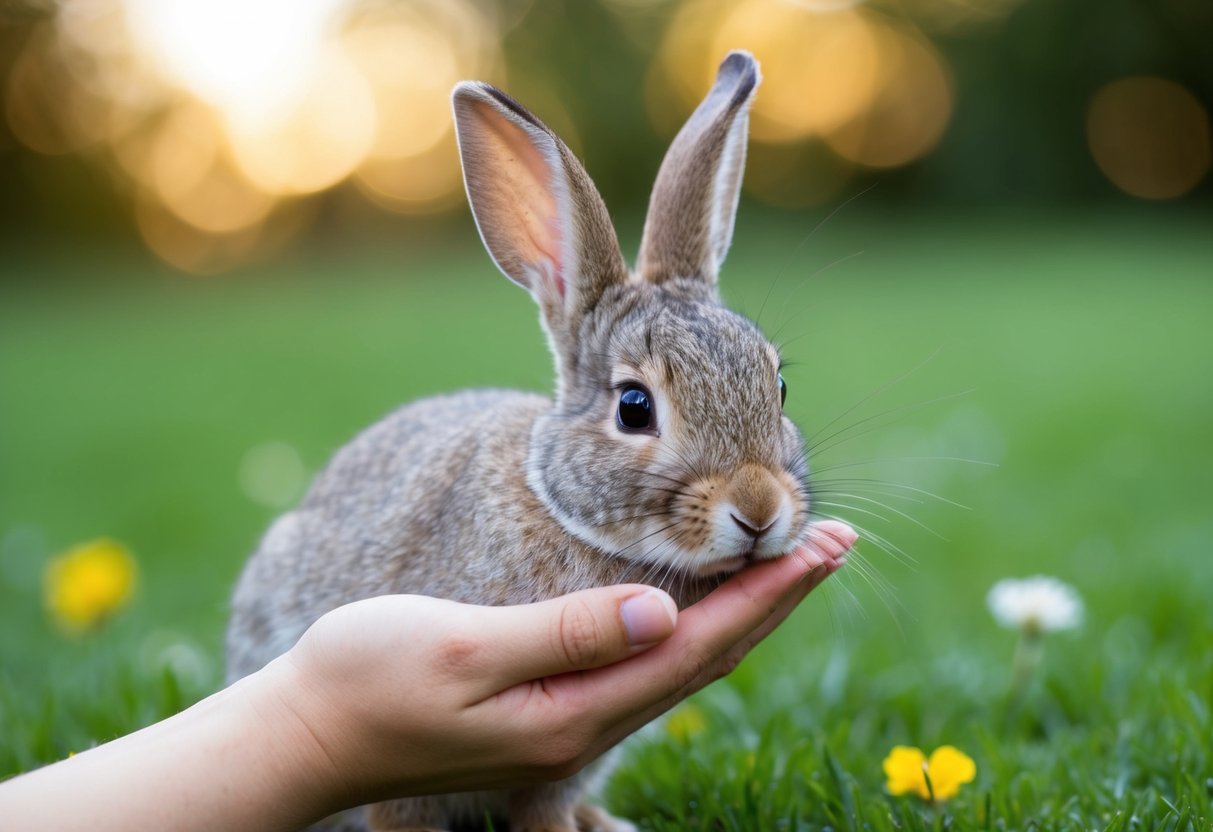 A rabbit nuzzles against a gentle hand, its eyes half-closed in contentment