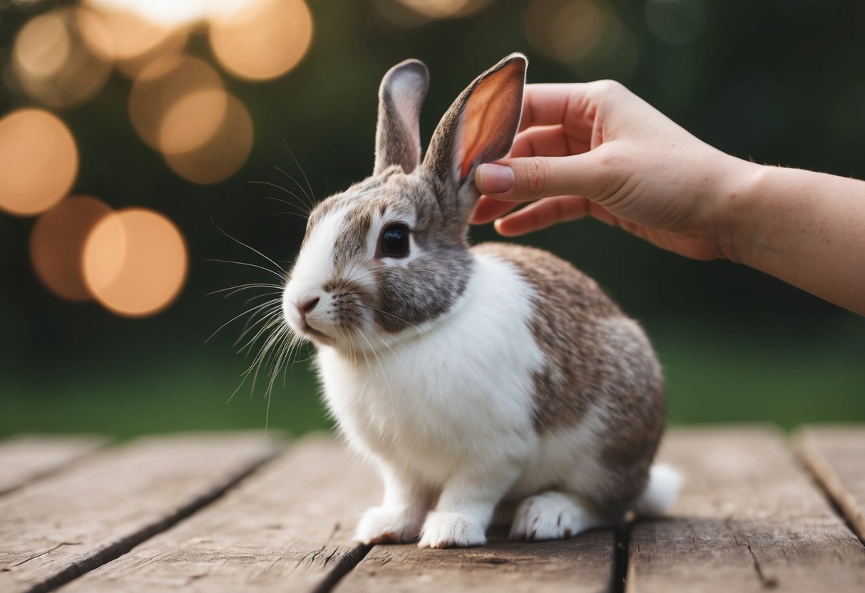 A rabbit sitting calmly while being gently petted on its head