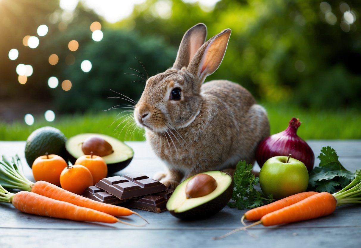 A rabbit surrounded by a variety of harmful foods, such as chocolate, avocado, and onions, with safe alternatives like carrots, apples, and leafy greens nearby