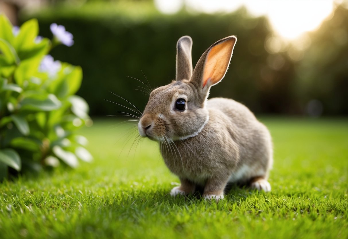 A curious rabbit exploring a lush garden, twitching its nose and perking its ears
