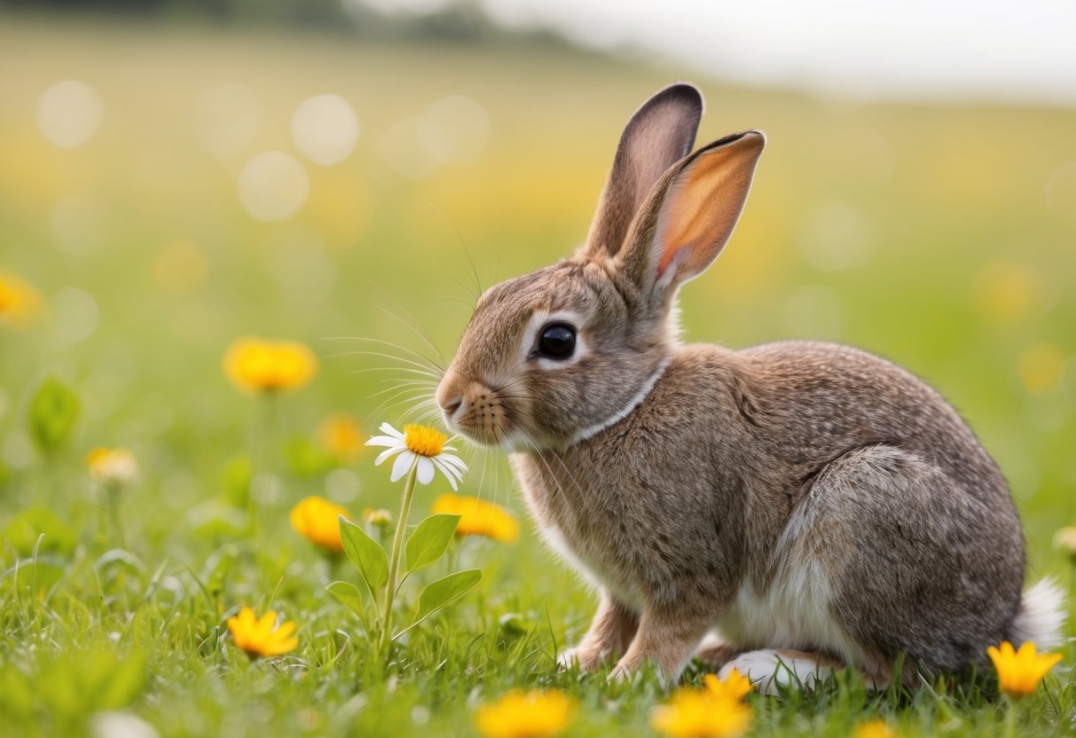 A curious rabbit sniffing a flower in a peaceful meadow