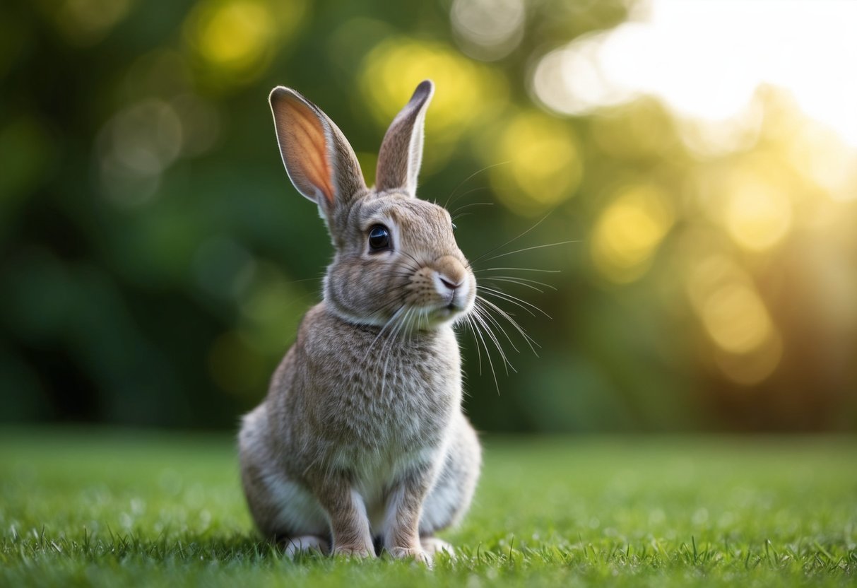 A rabbit sits upright, ears alert, with a curious and cautious expression as it sniffs the air