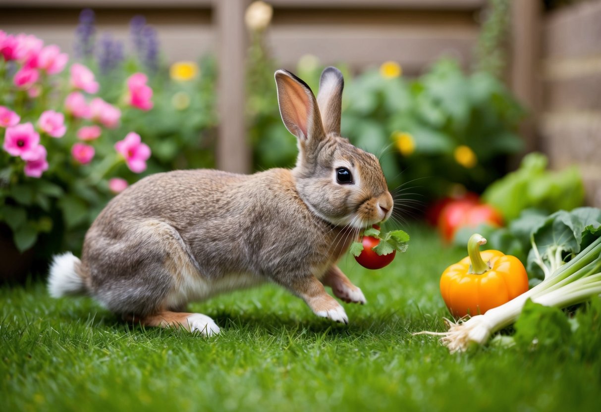 A curious and playful rabbit hops around a cozy, grassy enclosure, sniffing at flowers and nibbling on fresh vegetables