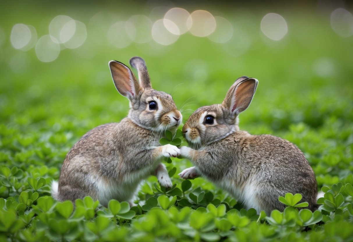 Rabbits surrounded by lush green clover, nibbling