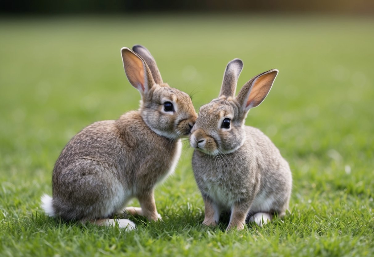 Two rabbits sitting in a grassy field. One rabbit looks sad while the other rabbit nuzzles and comforts it