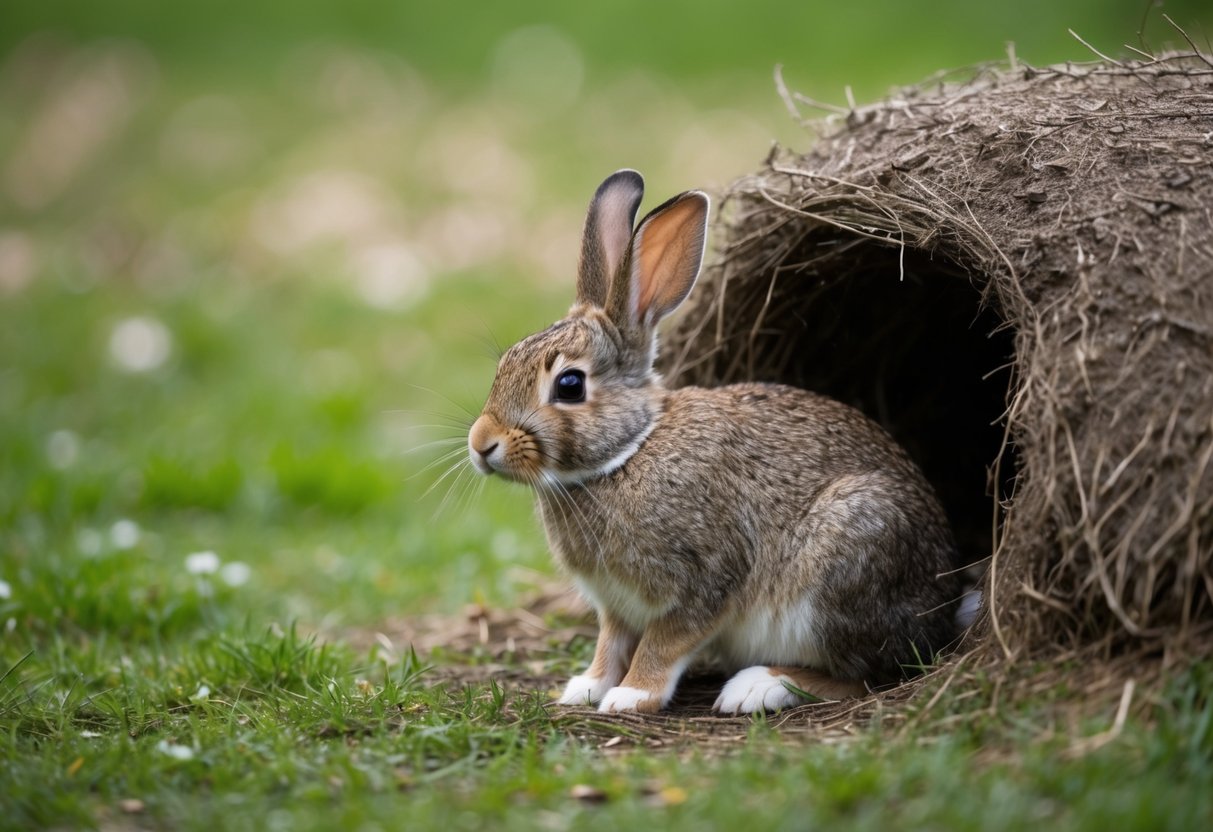 A lone rabbit sits outside the burrow, ears drooping, as its companion's absence is felt