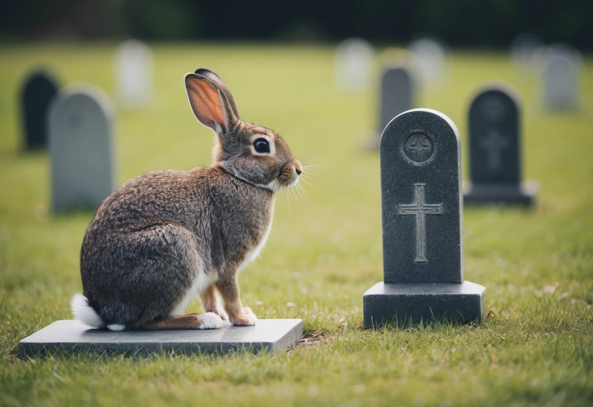A lone rabbit sitting by a small grave, ears drooping