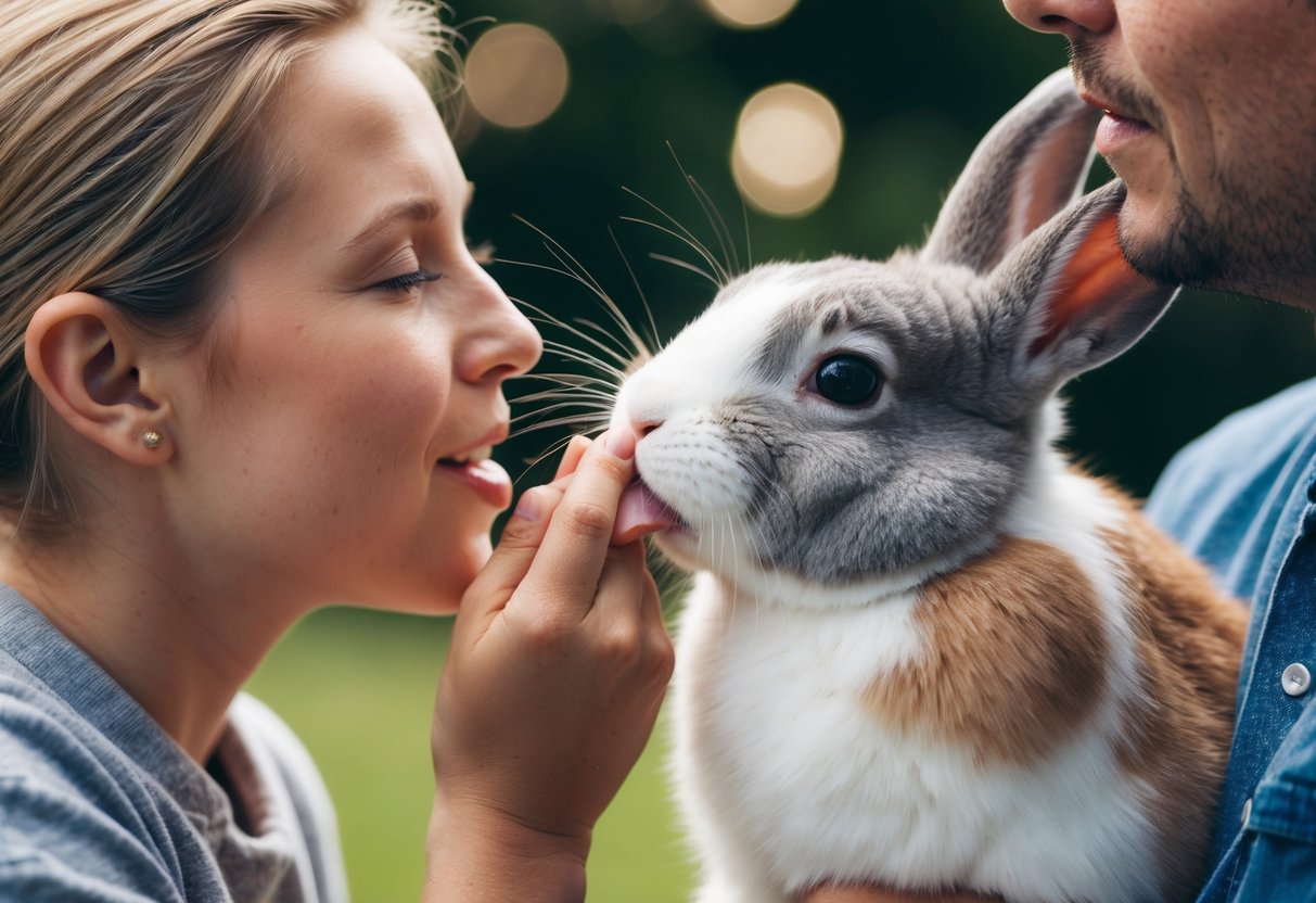 A bunny licking the face of its owner while being petted