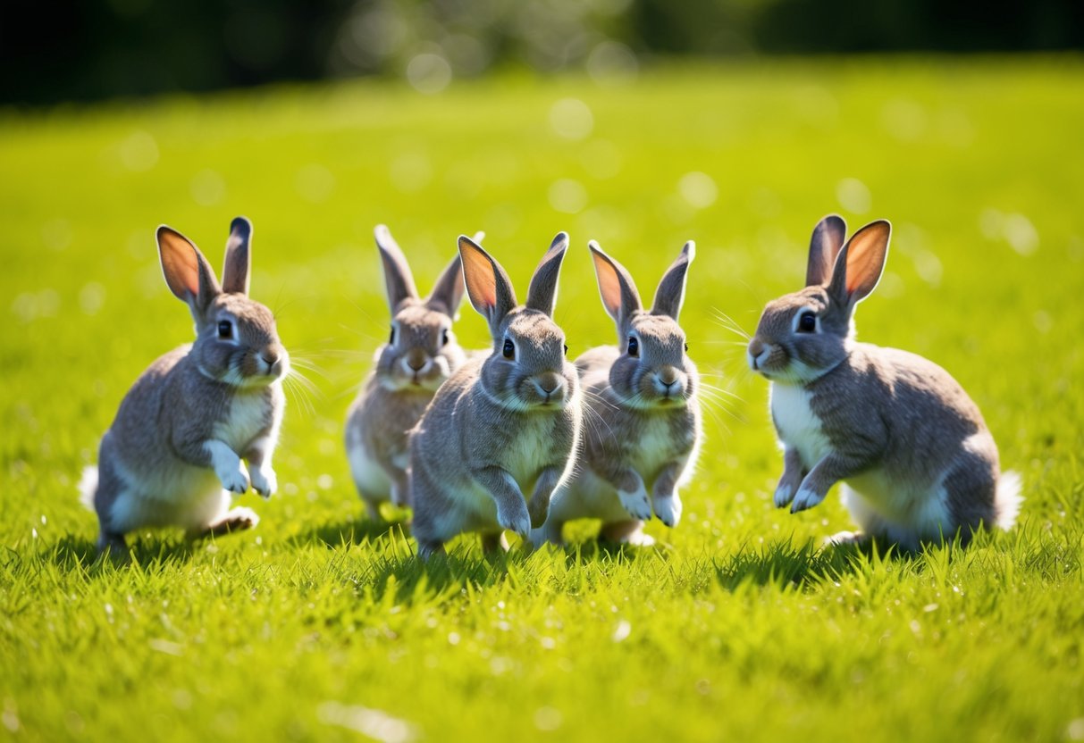 A group of rabbits hopping and playing in a lush green meadow, their soft fur shining in the sunlight as they nibble on fresh green grass