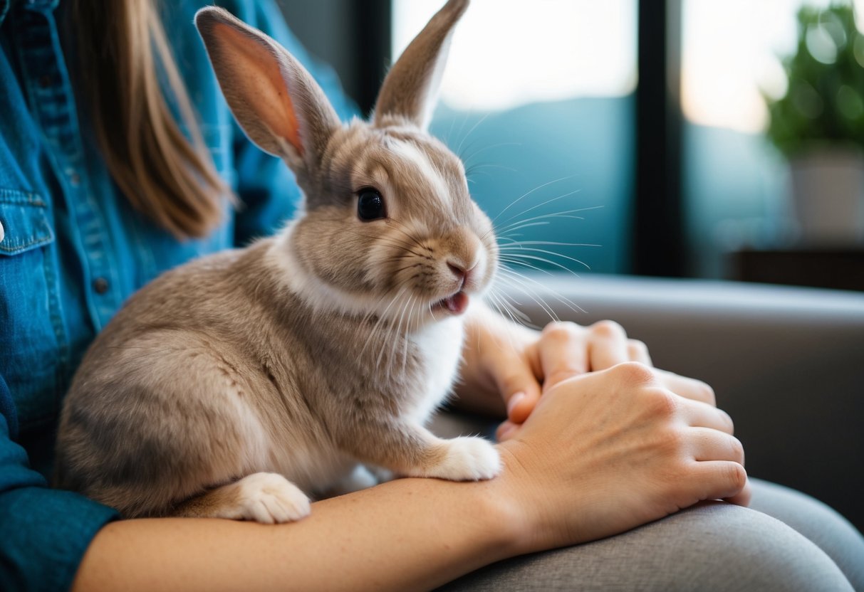 A bunny sitting on a person's lap, nuzzling and licking their arm as they pet it