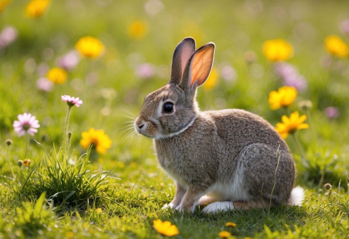 A single rabbit sitting in a cozy, grassy meadow, surrounded by wildflowers and bathed in warm sunlight