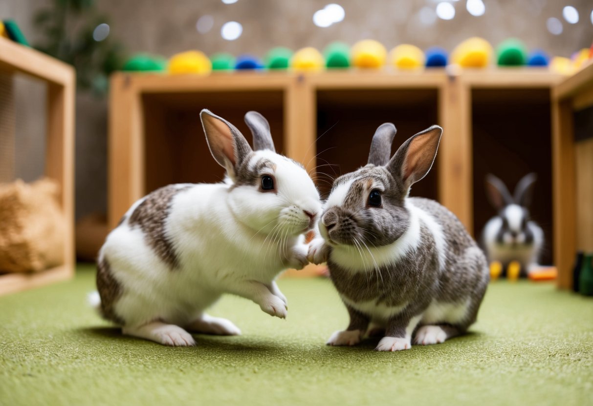 Two rabbits grooming each other in a spacious, enriched enclosure with hiding spots and toys