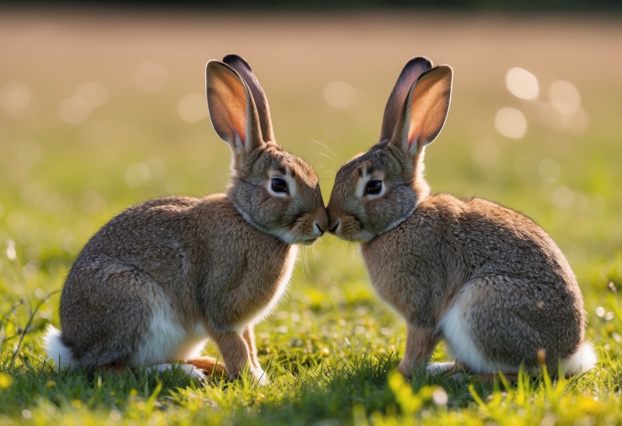 Two rabbits nuzzle noses, eyes closed, in a field of wild