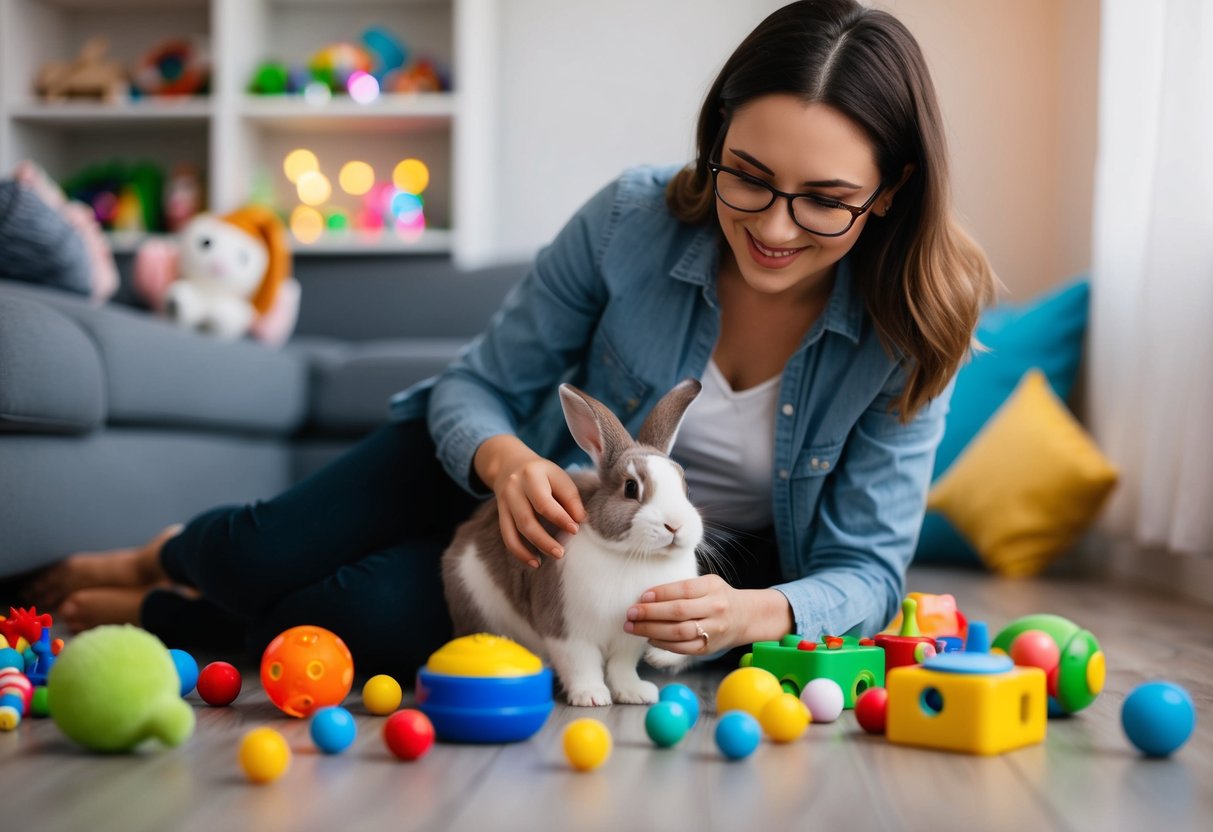 A person sitting on the floor, surrounded by toys and a bunny, petting and playing with the bunny