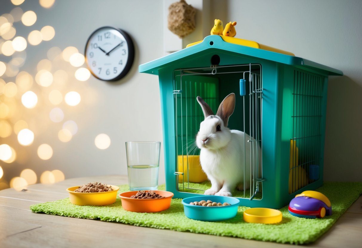 A bunny hutch with food, water, and toys. A clock on the wall shows different times of day