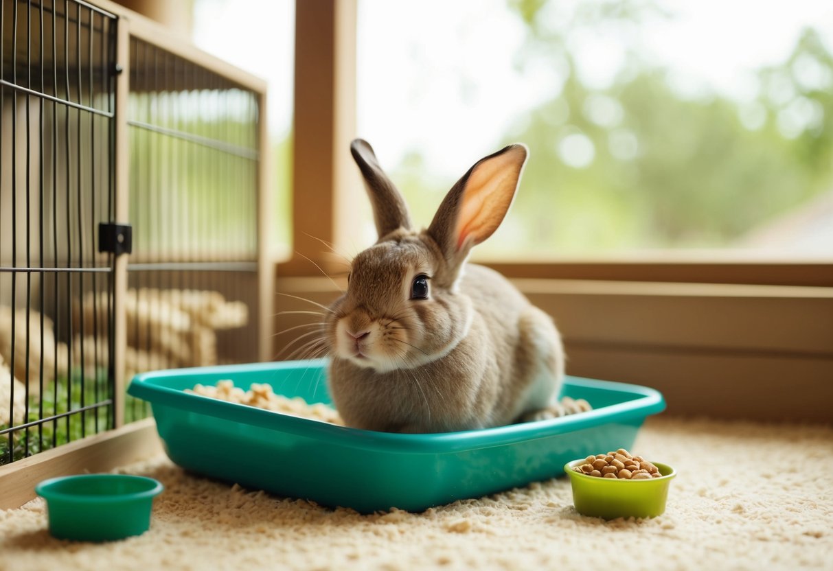 A rabbit in a cozy, well-stocked enclosure with food, water, and bedding, set against a backdrop of a peaceful and secure environment