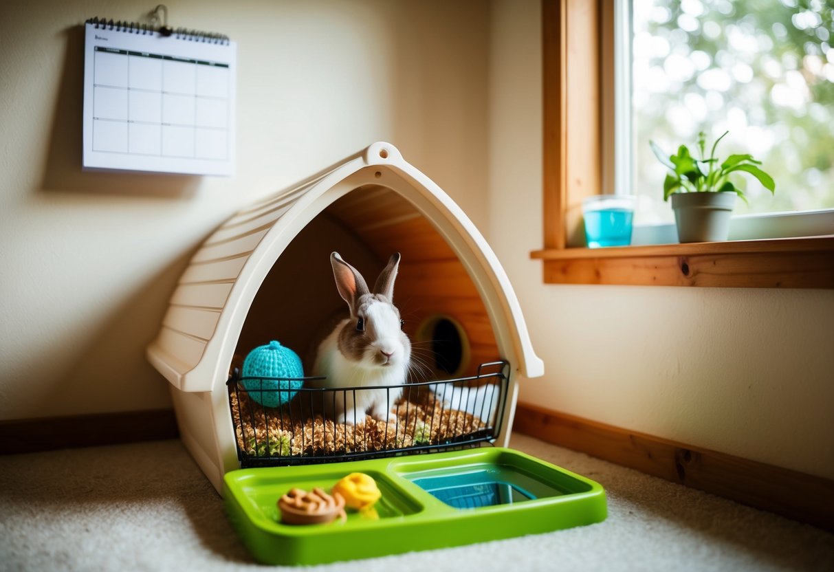 A cozy rabbit hutch with food, water, and toys inside. A calendar on the wall shows three days marked off