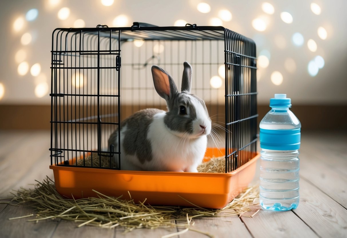A rabbit sits in a small cage, surrounded by hay and a water bottle
