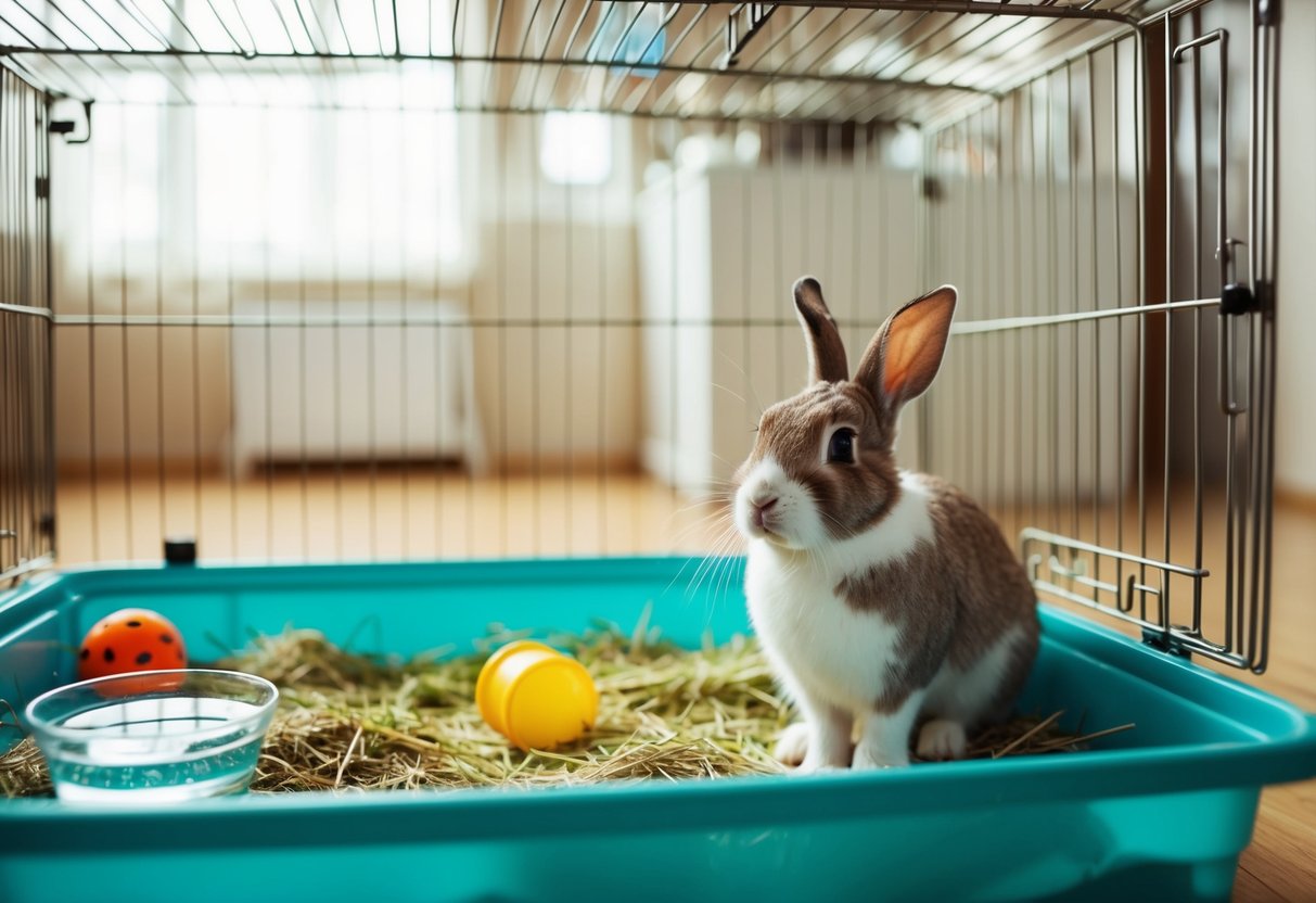 A rabbit sits in a spacious cage with hay, water, and toys. The cage is placed in a well-lit room with ample space for the rabbit to hop around