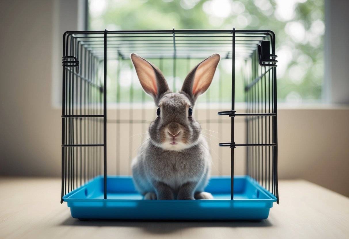A rabbit sits in a small cage with minimal space to move, looking bored and listless