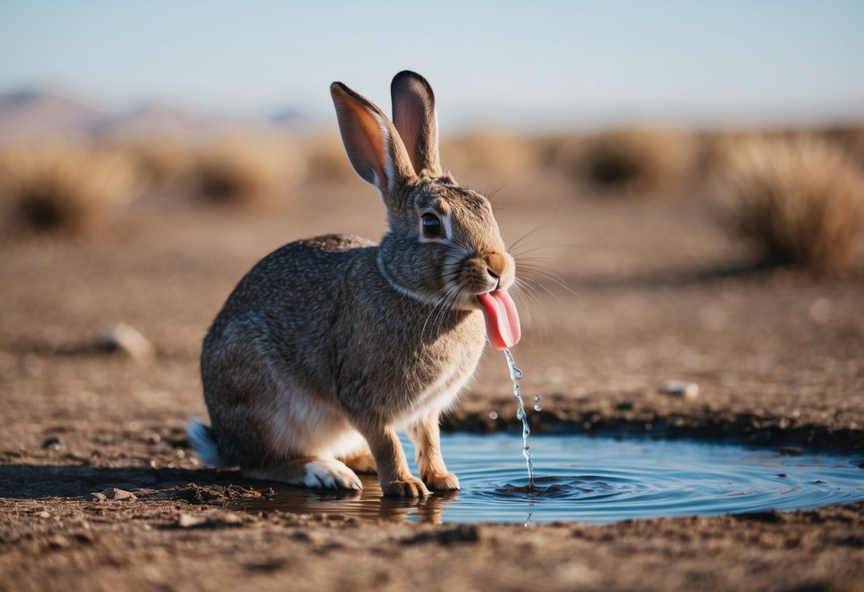A rabbit sits in a dry, barren landscape, its mouth parched and tongue lolling as it desperately seeks water