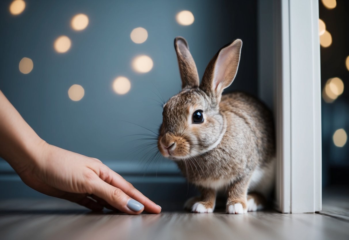 A rabbit cowers in a corner, ears flat and eyes wide, as a hand reaches down towards