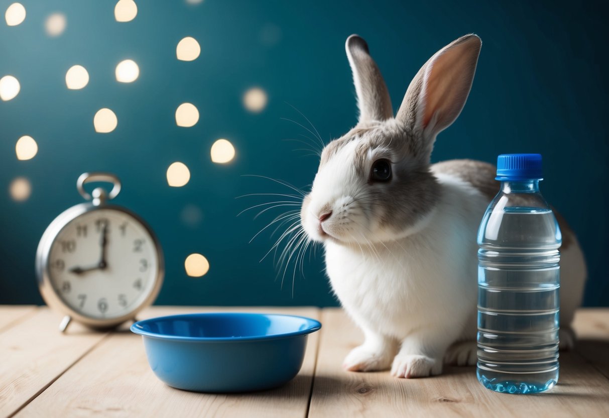 A rabbit with a water bottle, empty bowl, and a clock showing 12 hours