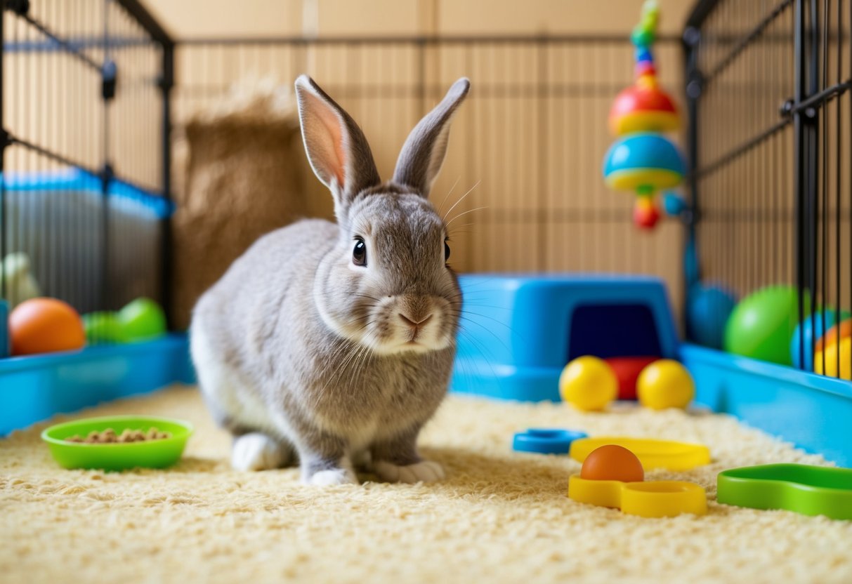 A rabbit sits in a spacious, clean cage with plenty of room to move, toys to play with, and fresh food and water