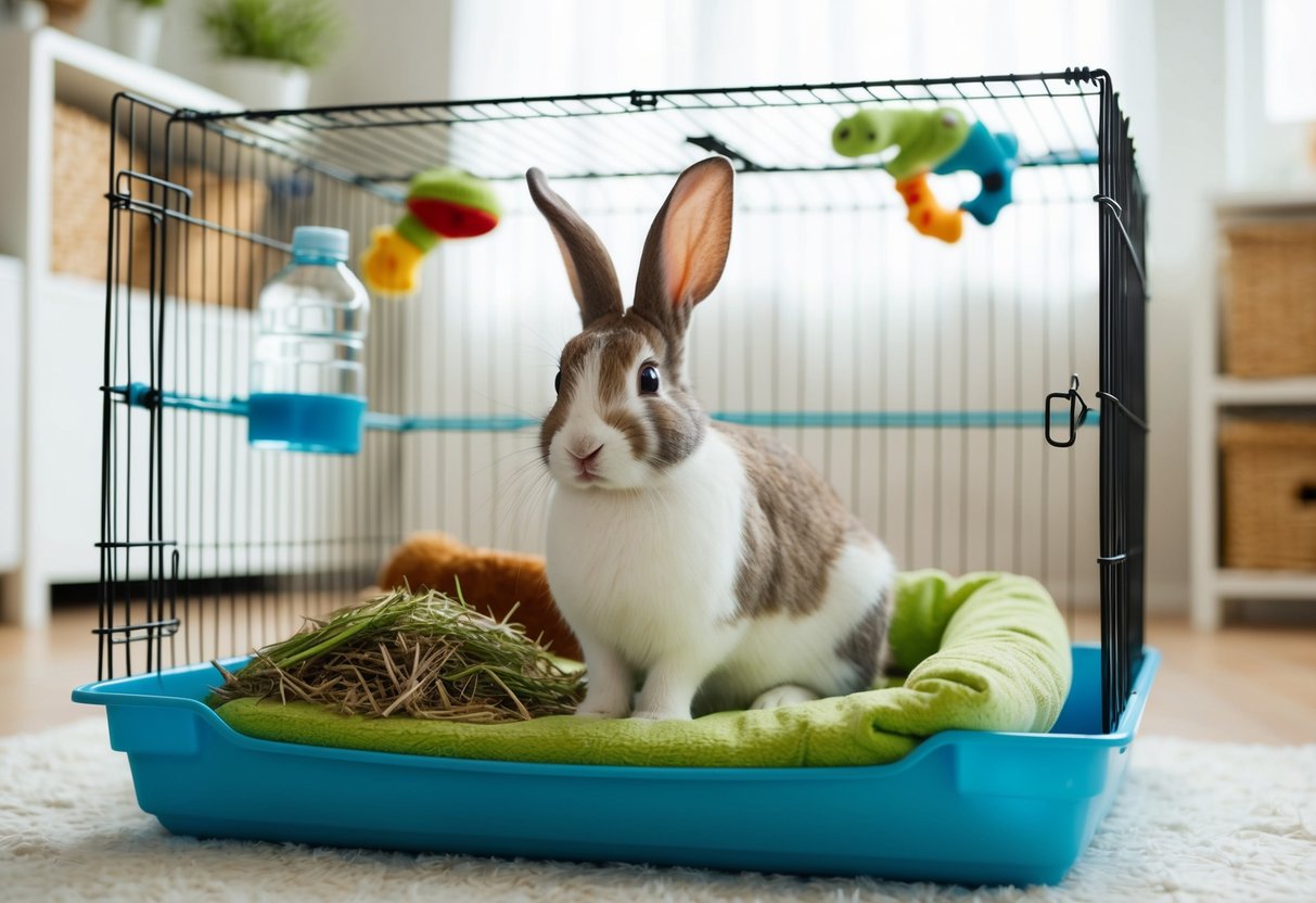 A rabbit sitting in a spacious, well-equipped cage with toys and a cozy resting area. A water bottle and fresh hay are visible, and the cage is positioned in a well-lit and airy room