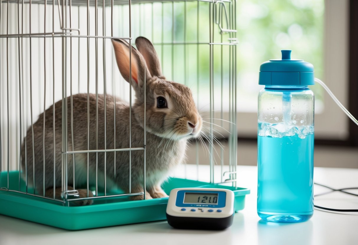 A rabbit in a cage with a water bottle, a clock showing 12 hours, and a monitoring device tracking water intake