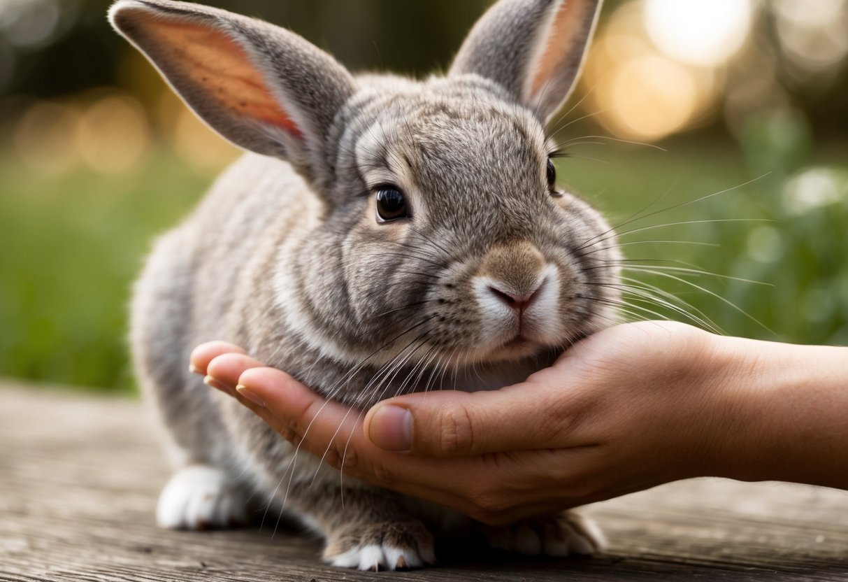 A rabbit lowers its head while being petted, its eyes closed in contentment, ears relaxed
