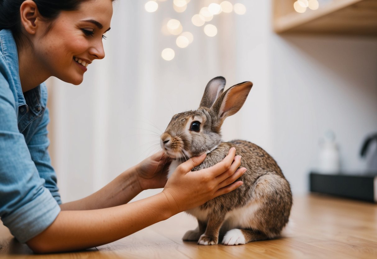 A rabbit sitting calmly while being gently petted by its owner