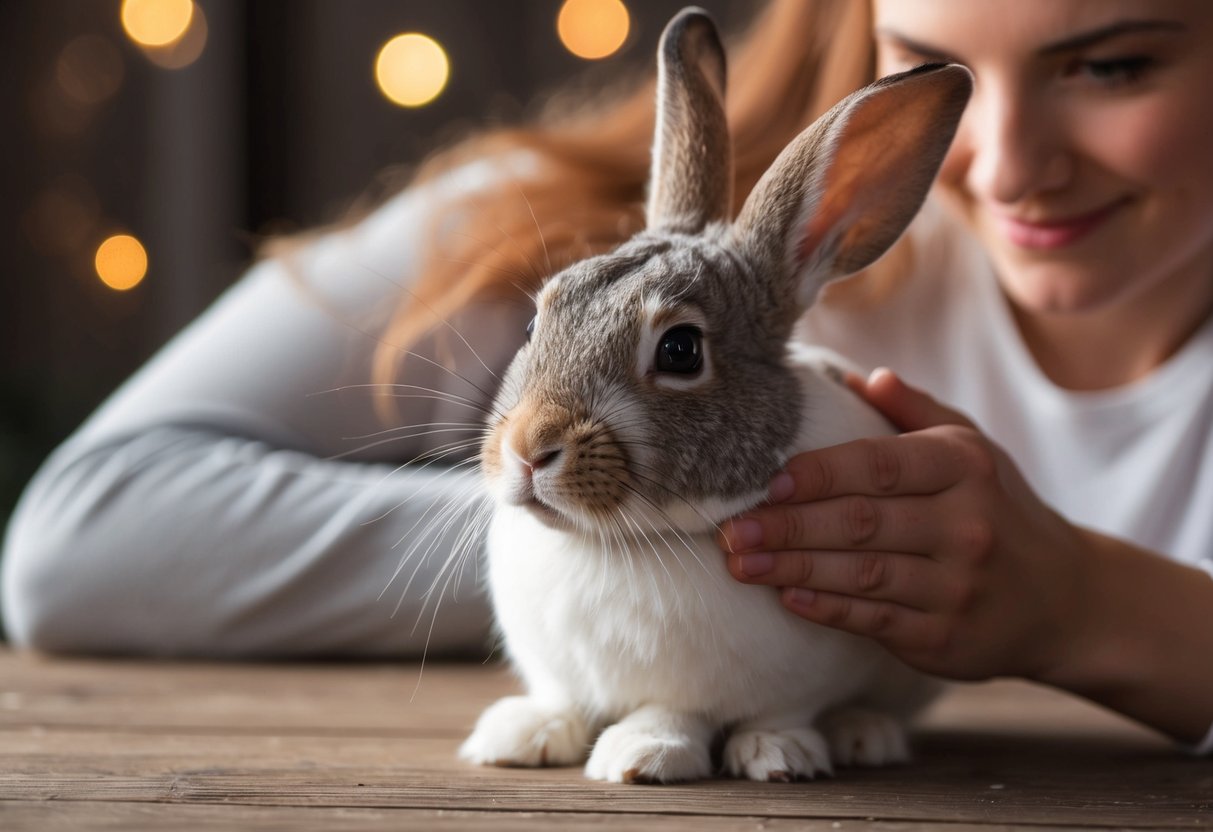 A rabbit sitting with its head lowered while being petted by a person