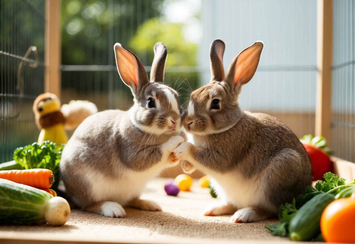 Two rabbits grooming each other in a cozy, sunlit enclosure, surrounded by toys and fresh vegetables