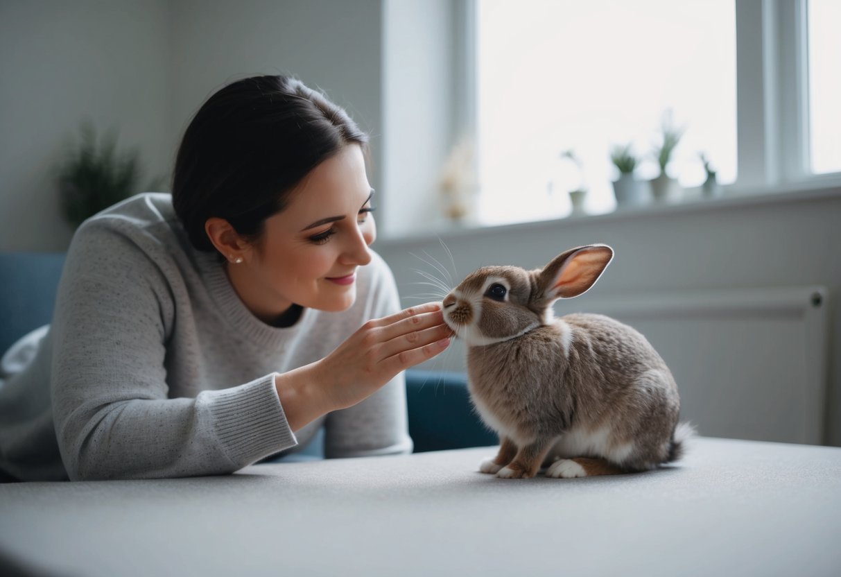 A rabbit and its owner sitting in a quiet room, the owner gently petting the rabbit's fur while the rabbit nuzzles against their hand