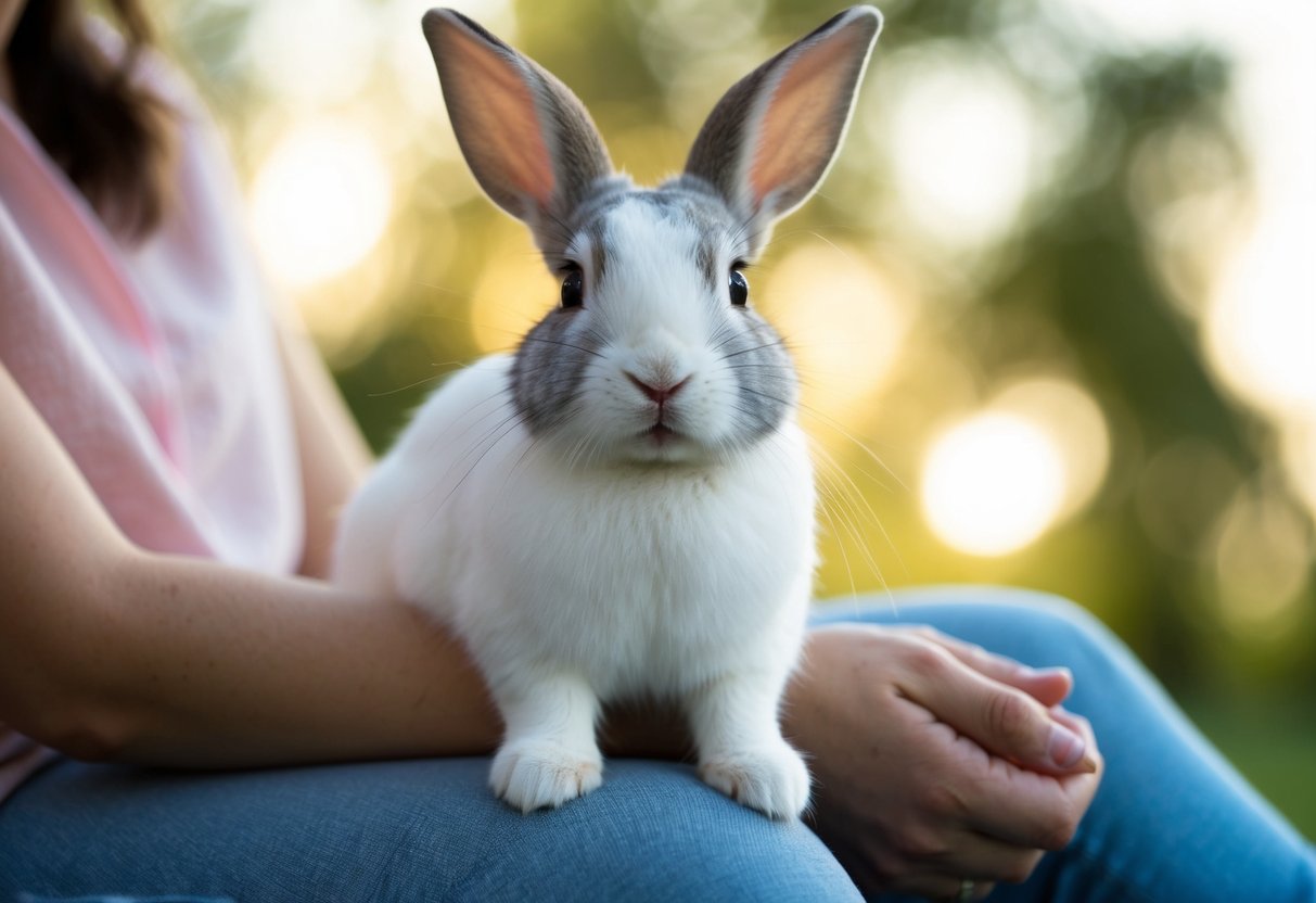 A rabbit sitting calmly in someone's arms, ears perked up with a content expression on its face