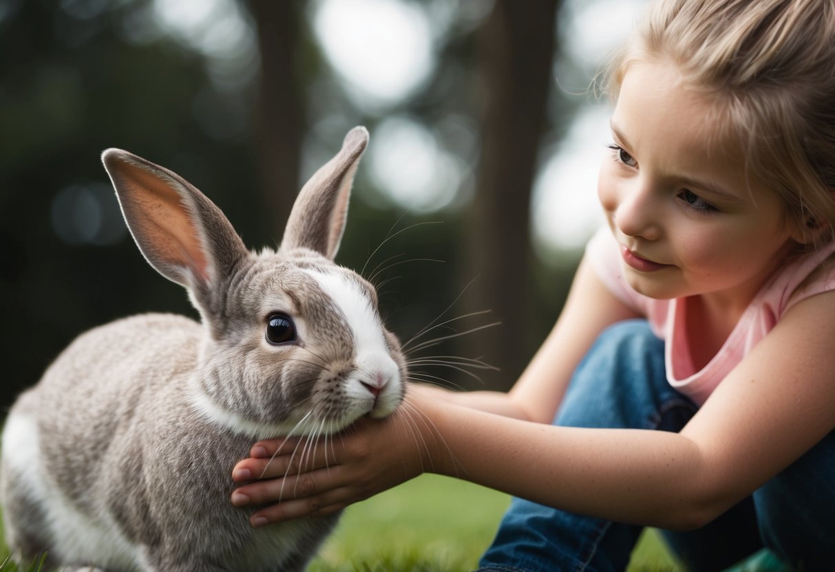 A rabbit and a person sitting close, making eye contact and gently petting the rabbit's head
