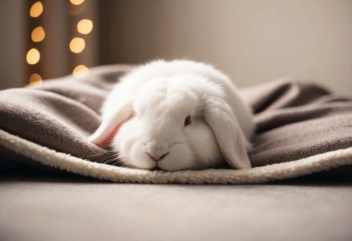 A fluffy white rabbit rests peacefully on a soft, cozy blanket, nestled in a warm and comfortable sleeping position