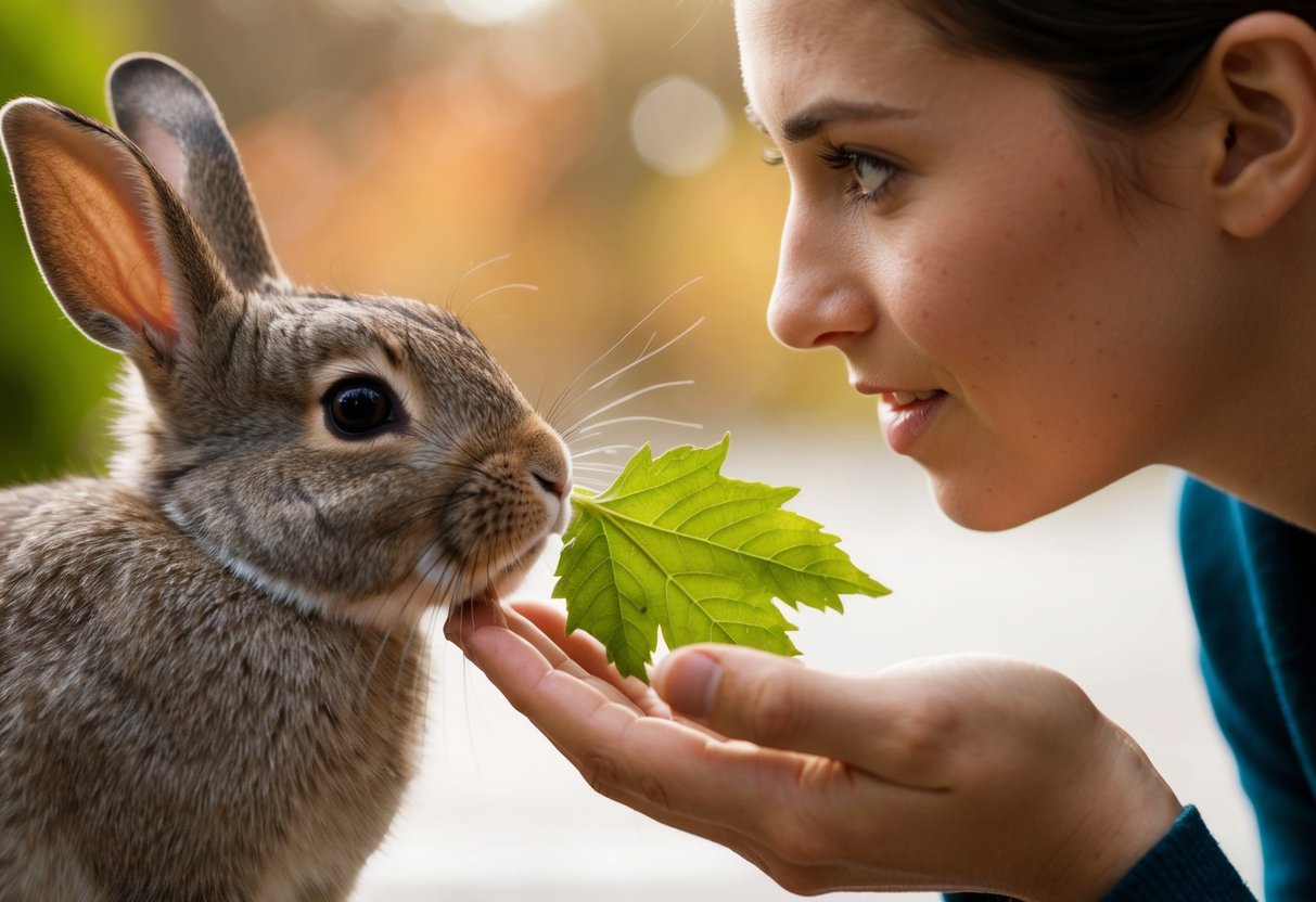 A rabbit nibbles on a leafy treat held out by a person, their eyes meeting in a moment of connection