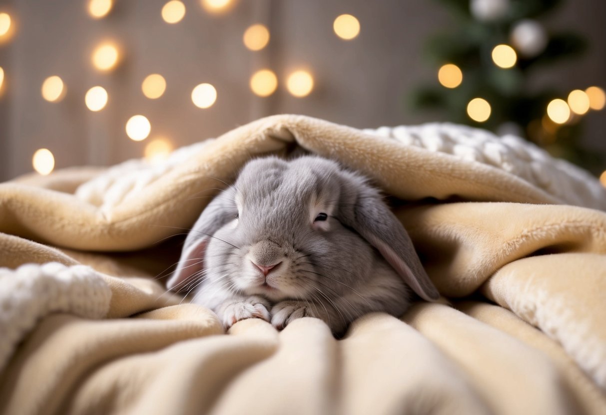 A fluffy rabbit nestled on a soft blanket, eyes closed in contentment, surrounded by cozy bedding and a warm, peaceful atmosphere