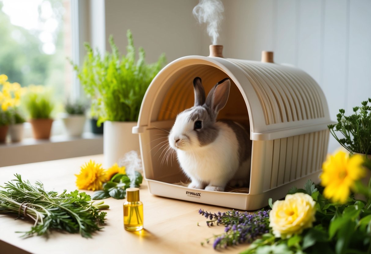 A rabbit hutch sits in a sunlit room, surrounded by fresh herbs and flowers. A small diffuser emits a gentle, natural scent