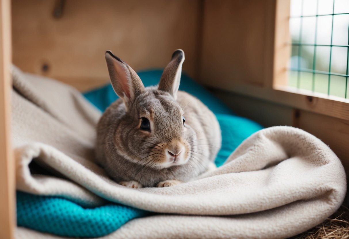 A rabbit peacefully rests on a soft blanket in a cozy corner of its hutch, surrounded by its favorite bedding materials