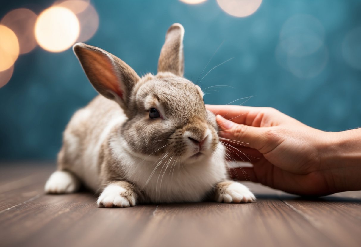 A rabbit lying with its eyes closed and ears relaxed while being gently petted