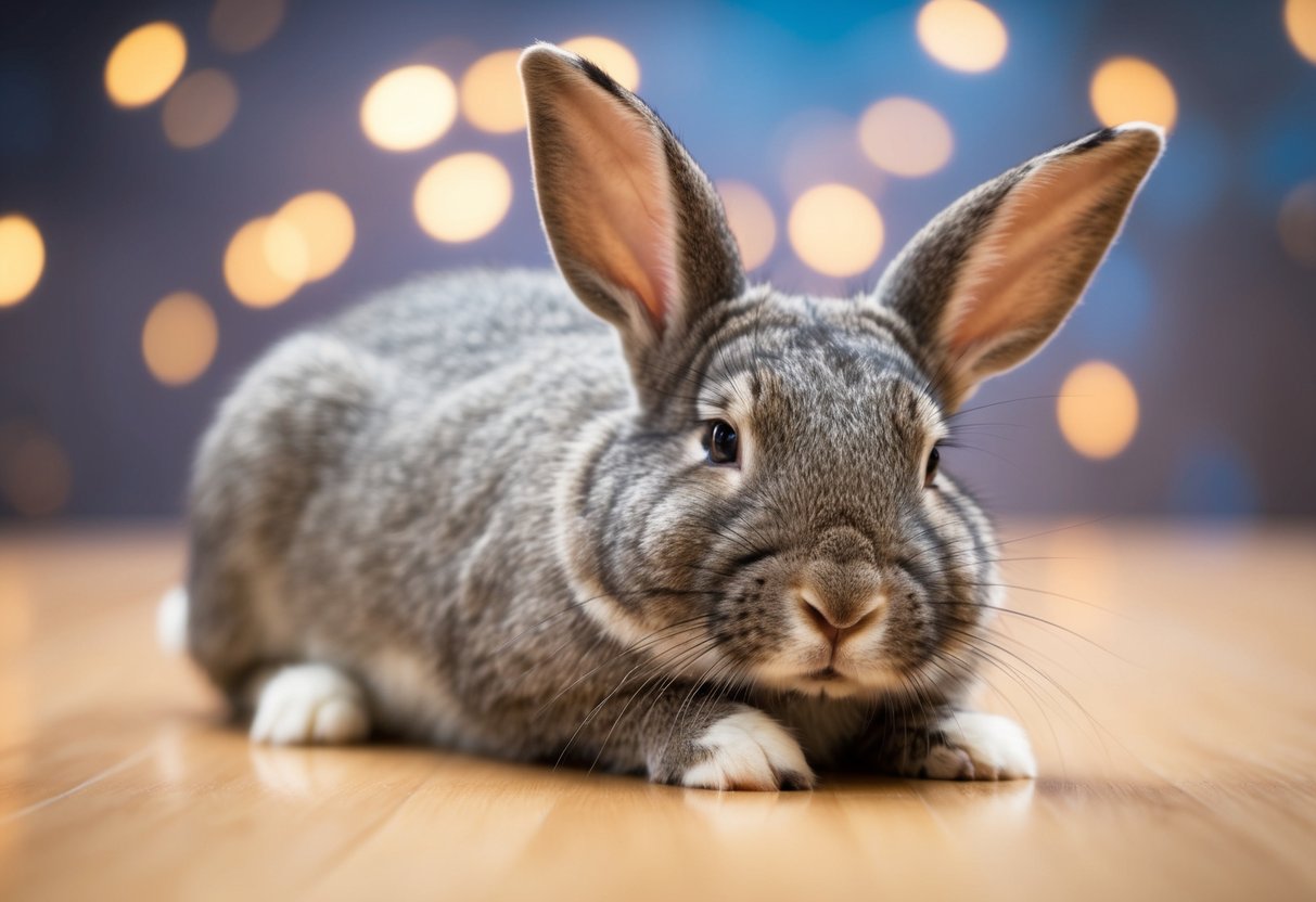 A rabbit with relaxed ears and closed eyes, leaning into gentle strokes, with a content expression