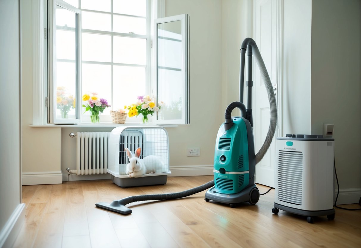A room with open windows, fresh flowers, and a tidy rabbit hutch. Vacuum cleaner and air purifier in use