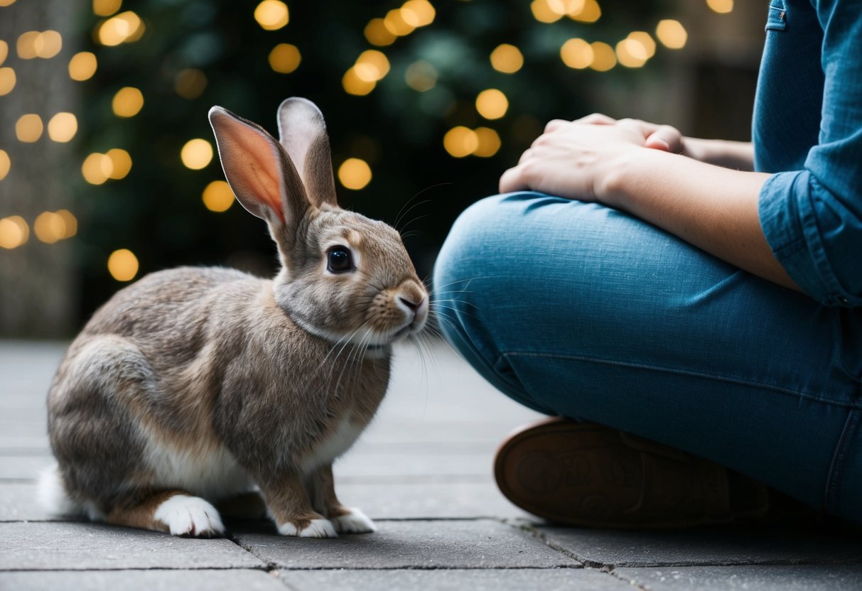 A rabbit sitting calmly near a person, with relaxed ears and a soft gaze, showing trust and comfort in their presence