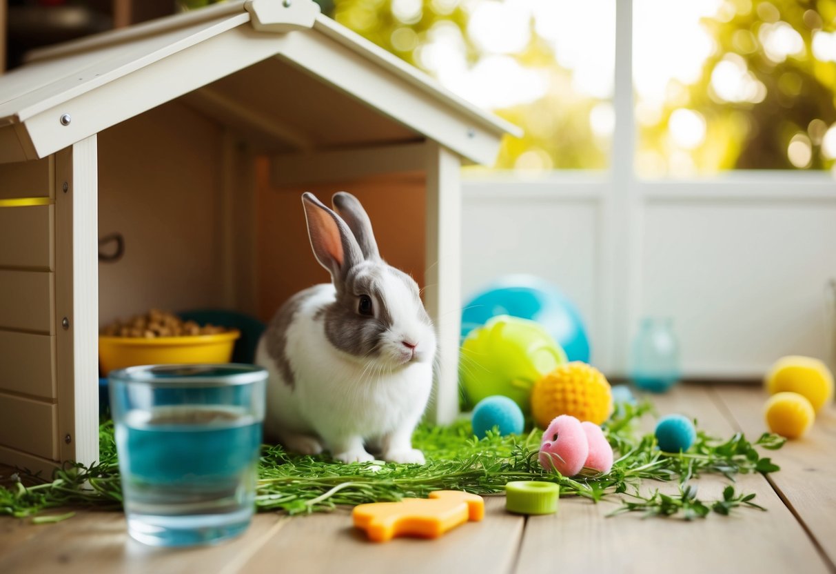 A cozy rabbit hutch with a single bunny surrounded by toys and fresh food and water